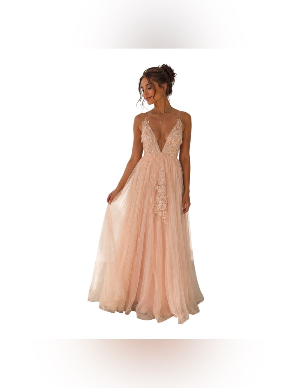 Blush Pink Lace Appliqué Tulle Maxi Dress Princess Fairy Plunging Neckline Sz Sm